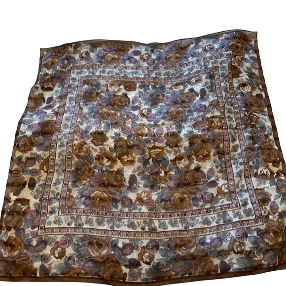 Floral Sheer Square Scarf Brown Purple Lightweight Polyester Vintage Design - Picture 1 of 9